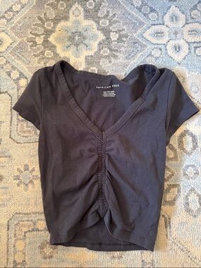 American Eagle Outfitters Black Ruched V-Neck Crop Tee